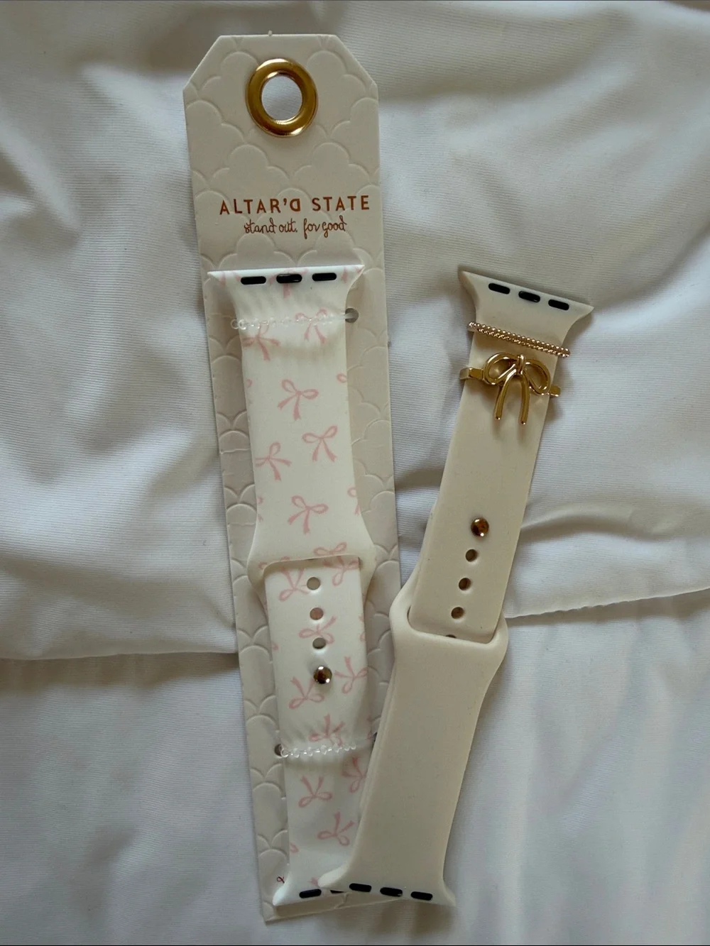 Altar'd State Cream Silicone Apple Watch Band with Pink Bow Print